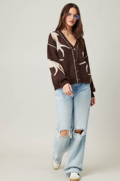 Fall Top Rated Knit Horse Cozy Cardigan: Brown / S/M - Lulu Bella Boutique