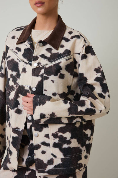 COW PRINT BARN JACKET: TAUPE-BROWN ANIMAL / S - Lulu Bella Boutique