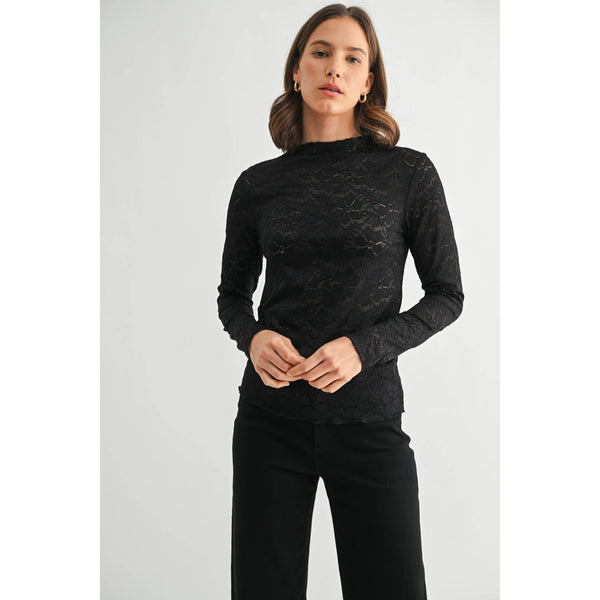 LACE MOCK NECK TOP: Black / S-M-L(2-2-2) - Lulu Bella Boutique