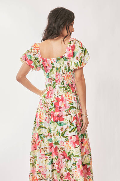 FLORAL SHORT PUFF SLEEVES SWEETHEART MAXI DRESS: WHITE RED / M - Lulu Bella Boutique