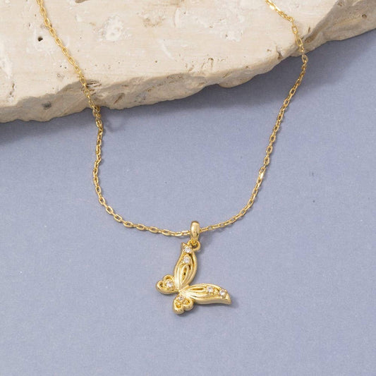 14K Gold Dipped Cz Butterfly Pendant Necklace: GD - Lulu Bella Boutique