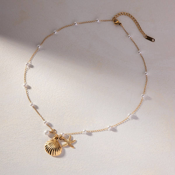 OCEAN SERIES PEARL STARFISH SHELL NECKLACE_CWAJE1366: GOLD / (OS) 2 - Lulu Bella Boutique