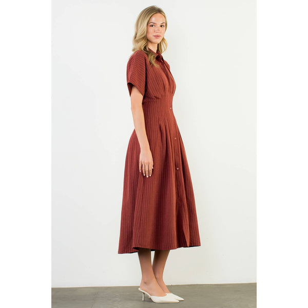Collared Short Sleeve Button Front Maxi Dress: BURGUNDY / XS-S-M-L(1-2-2-1) - Lulu Bella Boutique