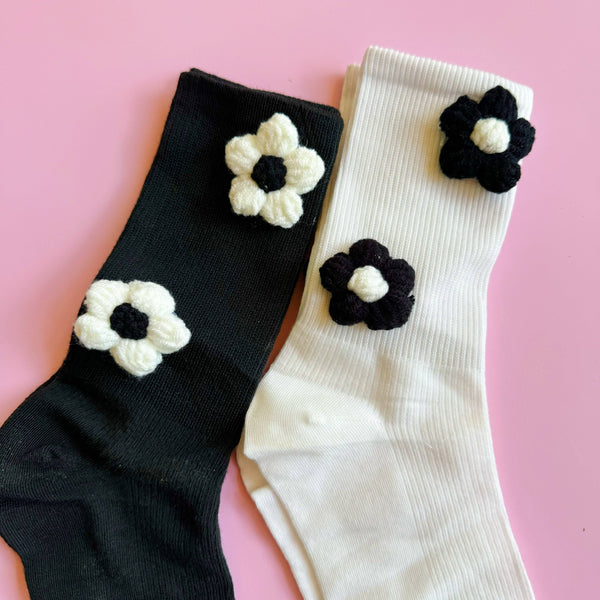 Puffy Daisy Embellished Socks Set Of 2 - Lulu Bella Boutique