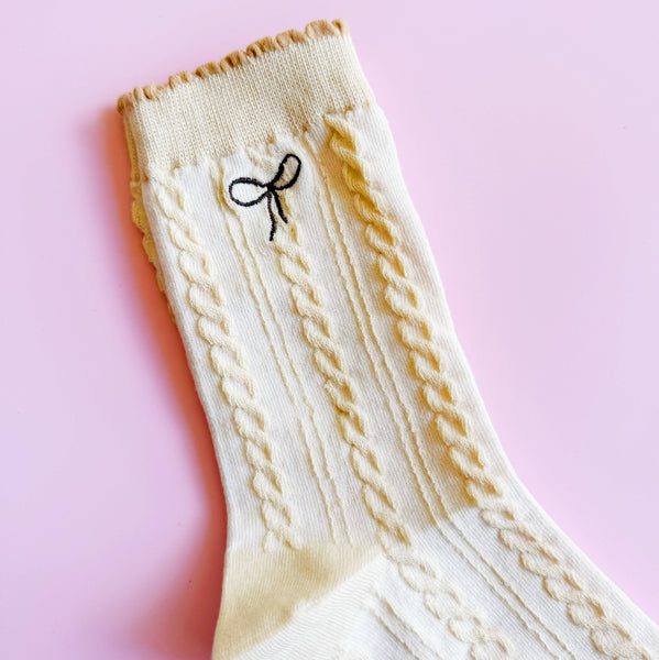 Mini Bow Embroidered Cabled Socks - Lulu Bella Boutique