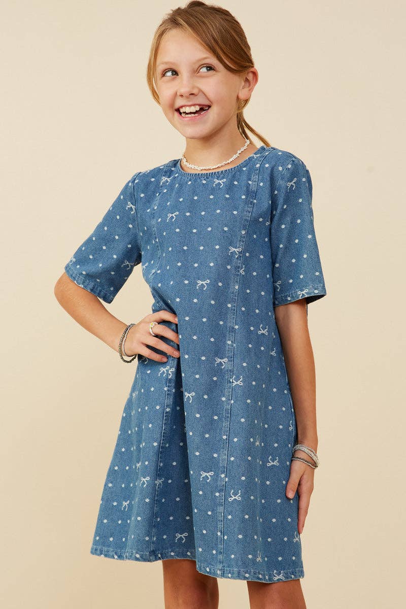 Girls Polka Dot and Bow Print Denim Dress: Mid Denim M Girls Polka Dot and Bow Print Denim Dress: Mid Denim M