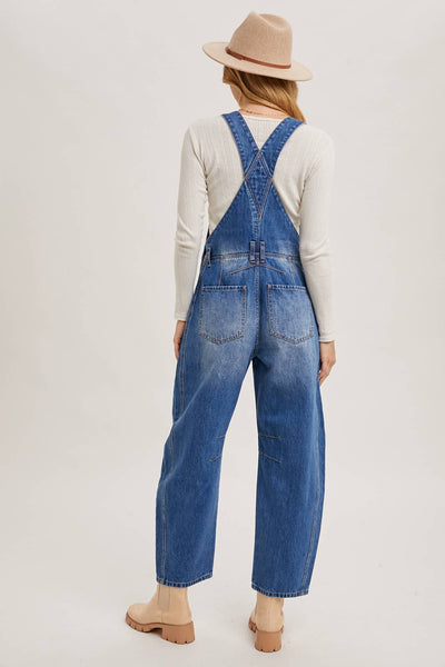 DENIM BARREL OVERALLS: MED.WASH / L - Lulu Bella Boutique
