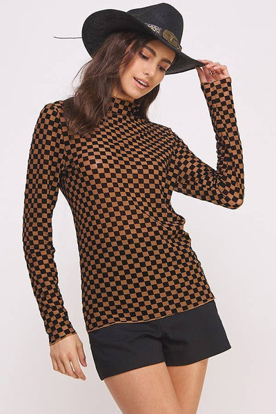 LONG SLEEVE CHECKERED MESH MOCK NECK TOP: MOCHA/BLACK / S - Lulu Bella Boutique