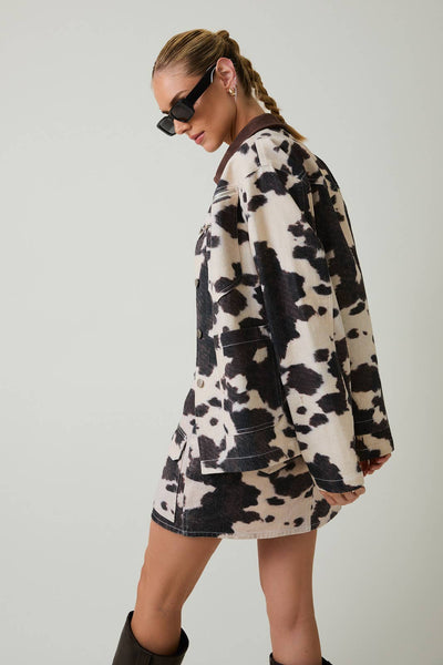 COW PRINT BARN JACKET: TAUPE-BROWN ANIMAL / S - Lulu Bella Boutique