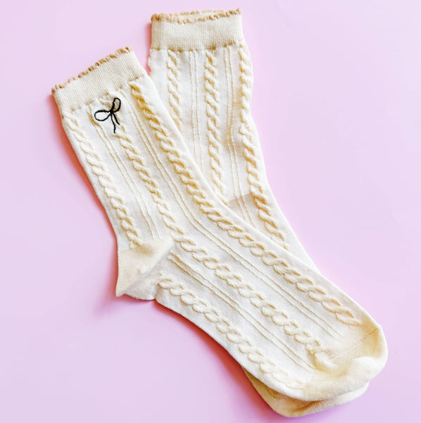 Mini Bow Embroidered Cabled Socks - Lulu Bella Boutique