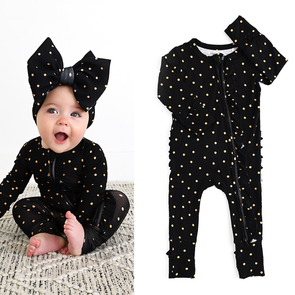 Hope Gold Dot Ruffle Zip Bamboo Baby New Years Eve Outfit: 12-18m - Lulu Bella Boutique
