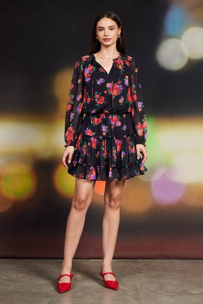 Floral Printed Ruffle Mini Dress: Black-Multi - Lulu Bella Boutique