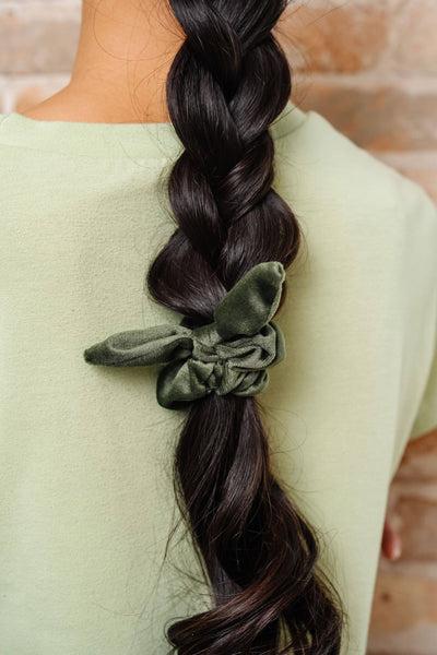 Olive Velvet Bow Scrunchie - Lulu Bella Boutique