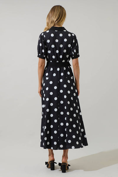 Darrah Polka Dot Fayen Wrap Maxi Dress: BLACK-WHITE - Lulu Bella Boutique