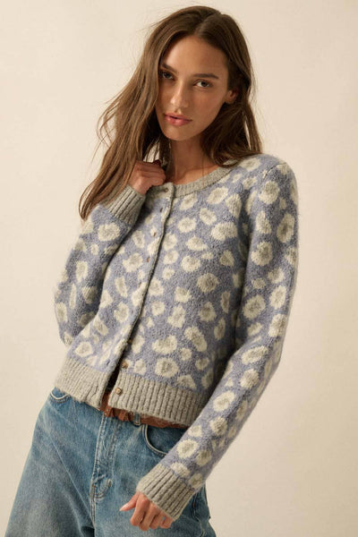 Leopard-Print Button-Front Cardigan: Retro Blue / S - Lulu Bella Boutique