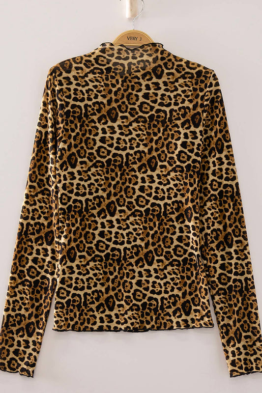 High Neck Fitted Sheer Mesh Lace Knit Top: MOCHA LEOPARD