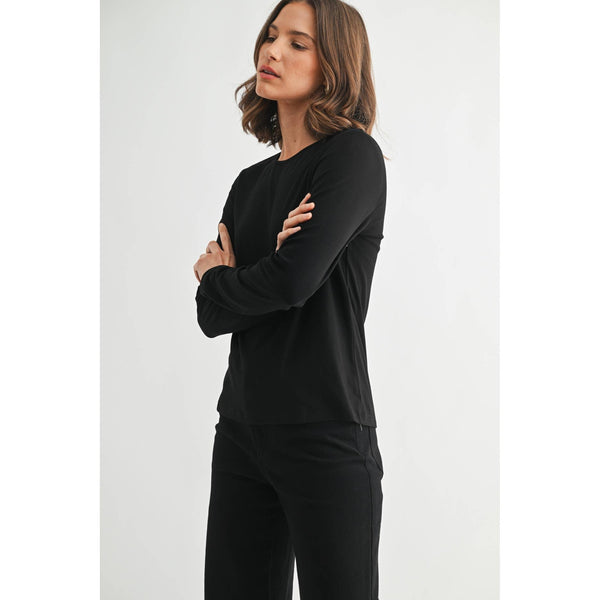 ROUND NECK LONG SLEEVE KNIT TOP: Black / S-M-L(2-2-2) - Lulu Bella Boutique