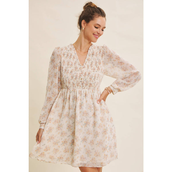 BRDIGES SEASONS WITH GRACE FLORAL SMOCKED BABYDOLL DRESS: CHAMPAGNE / S - Lulu Bella Boutique