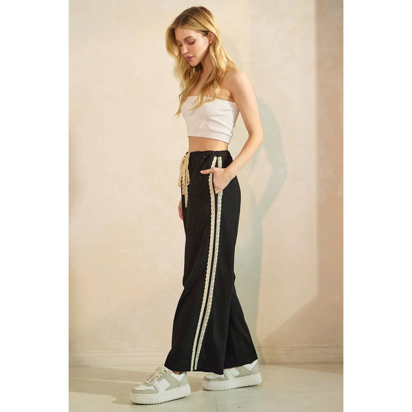 LACE STRIPED ELASTIC WAIST TERRY SWEATPANTS: BLACK / S-M-L(2-2-2) - Lulu Bella Boutique