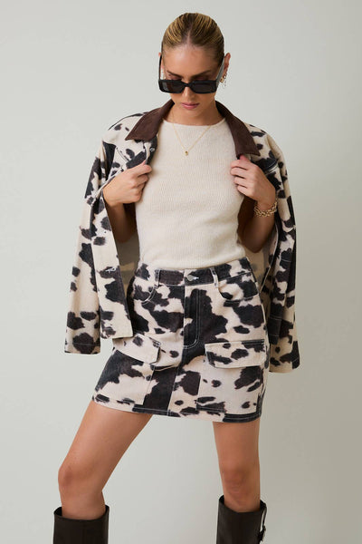 COW PRINT BARN JACKET: TAUPE-BROWN ANIMAL / S - Lulu Bella Boutique