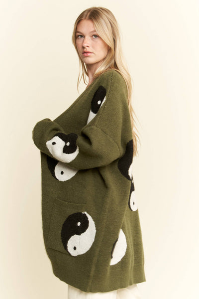 OVER SIZED YIN YANG CARDIGAN: OLIVE / S/M - Lulu Bella Boutique