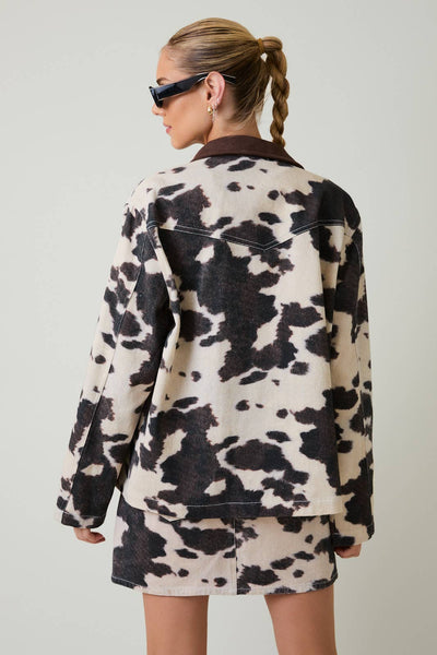 COW PRINT BARN JACKET: TAUPE-BROWN ANIMAL / S - Lulu Bella Boutique