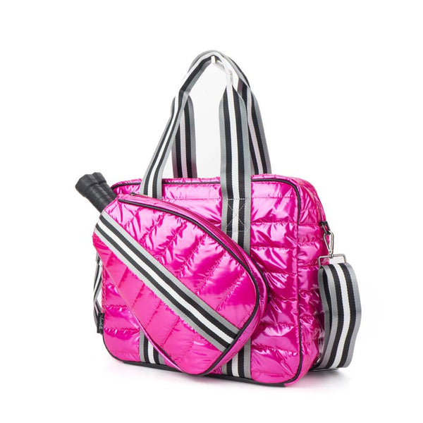 Puffer Pickle Ball Tote Pink with black Stripe - Lulu Bella Boutique