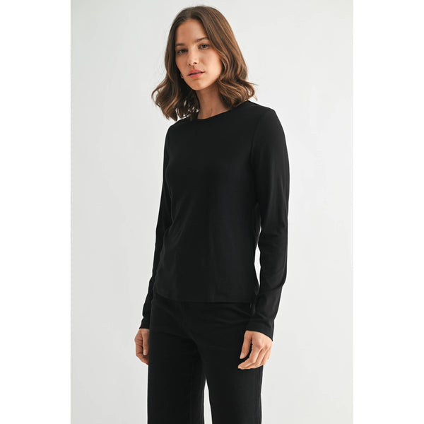 ROUND NECK LONG SLEEVE KNIT TOP: Black / S-M-L(2-2-2) - Lulu Bella Boutique