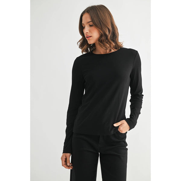 ROUND NECK LONG SLEEVE KNIT TOP: Black / S-M-L(2-2-2) - Lulu Bella Boutique