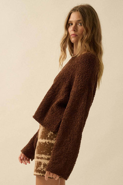 Popcorn-Knit Wide-Sleeve Boatneck Sweater: Chocolate / S - Lulu Bella Boutique