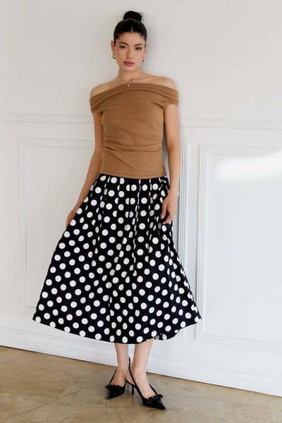 POLK DOT PLEATED CIRCLE MIDI SKIRT: BLACK-WHITE DOT / S - Lulu Bella Boutique