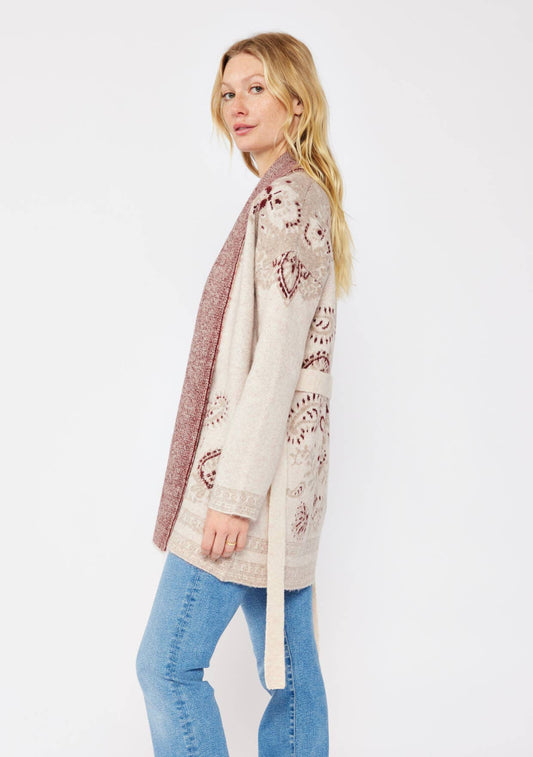 Tribal Coatigan with Pockets: Natural/Burgundy