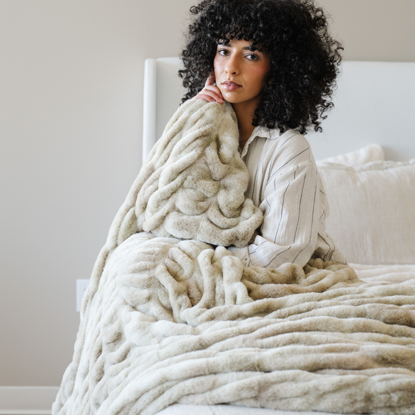 DOUBLE RUCHED FAUX FUR XL THROW BLANKETS: Flax - Lulu Bella Boutique