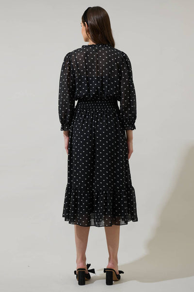 Rosaly Bow Irene Smocked Midi Dress: BLACK-WHITE - Lulu Bella Boutique