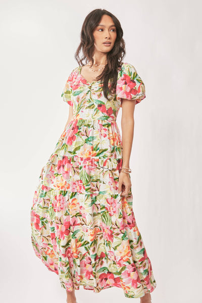 FLORAL SHORT PUFF SLEEVES SWEETHEART MAXI DRESS: WHITE RED / M - Lulu Bella Boutique