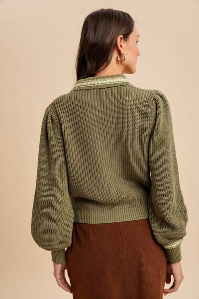 DOLL COLLAR KNITTED CARDIGAN: OLIVE / S - Lulu Bella Boutique