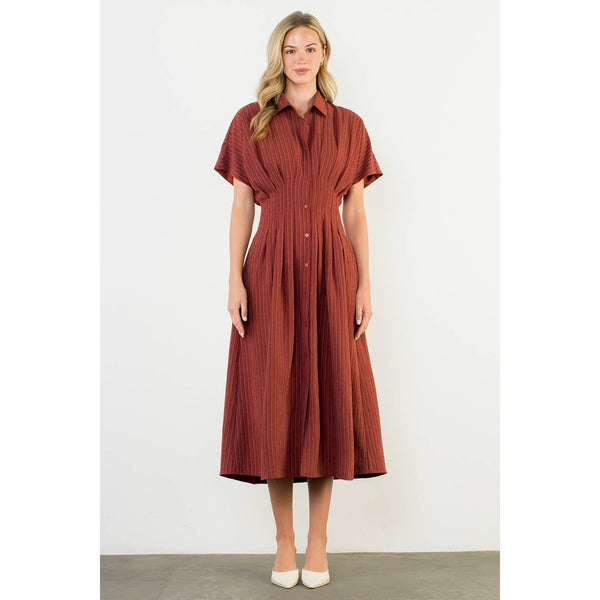 Collared Short Sleeve Button Front Maxi Dress: BURGUNDY / XS-S-M-L(1-2-2-1) - Lulu Bella Boutique