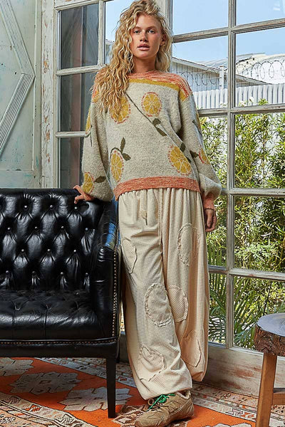 Long sleeve fruit motif pattern multi-colored sweater top: ORANGE/NATURAL MULTI / S - Lulu Bella Boutique