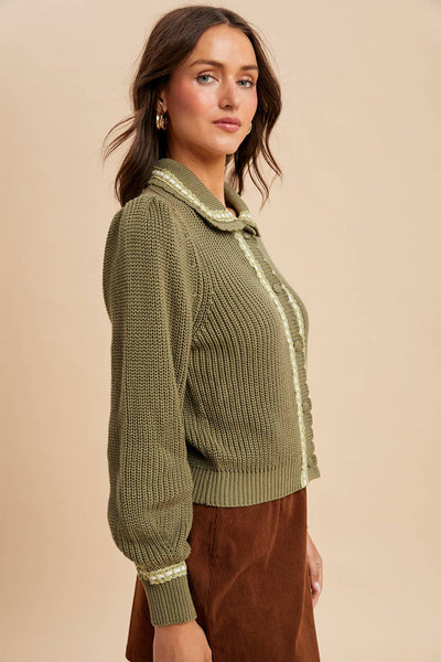 DOLL COLLAR KNITTED CARDIGAN: OLIVE / S - Lulu Bella Boutique