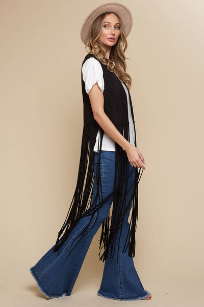 Black Long Fringe Faux Suede Vest - Lulu Bella Boutique