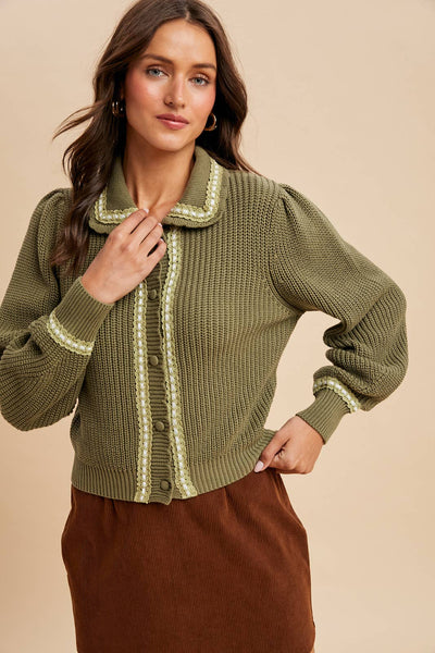 DOLL COLLAR KNITTED CARDIGAN: OLIVE / S - Lulu Bella Boutique