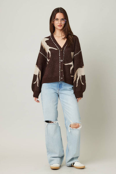 Fall Top Rated Knit Horse Cozy Cardigan: Brown / S/M - Lulu Bella Boutique