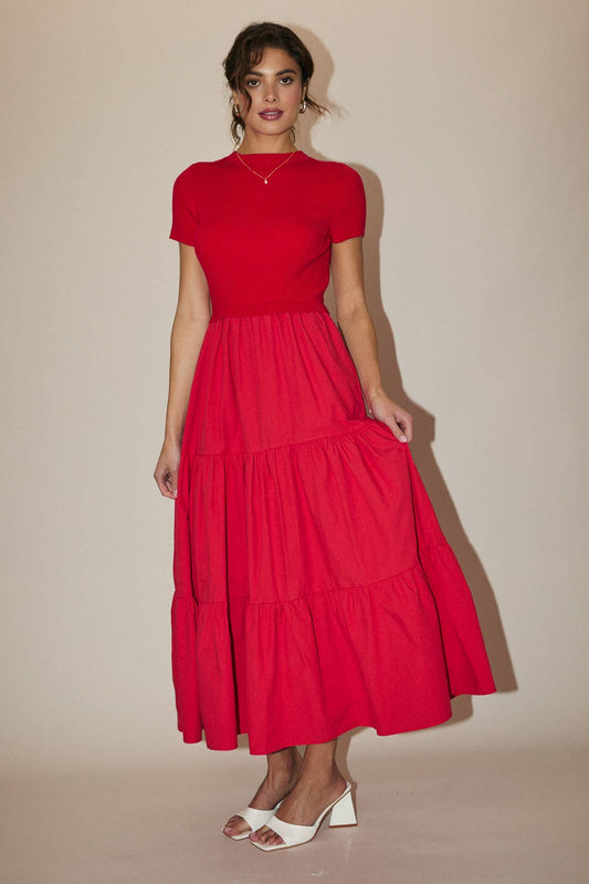 MOCK NECK SHORT SLEEVE KNIT & WOVEN MIX TIERED MIDI DRESS: Red