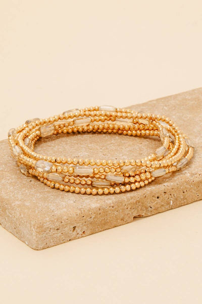 Faceted Glass Charms Metallic Beaded Bracelet Set: PINK - Lulu Bella Boutique