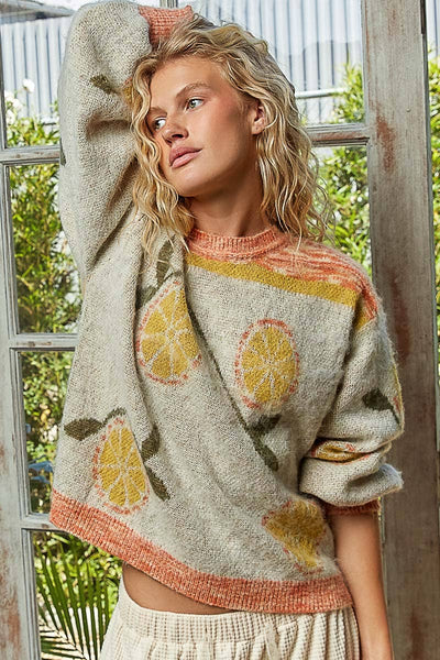 Long sleeve fruit motif pattern multi-colored sweater top: ORANGE/NATURAL MULTI / S - Lulu Bella Boutique