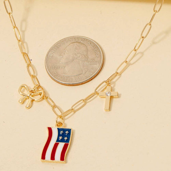 Cz Stud Bow Cross And Enamel Usa Flag Charms Chain Necklace: GDMLT - Lulu Bella Boutique