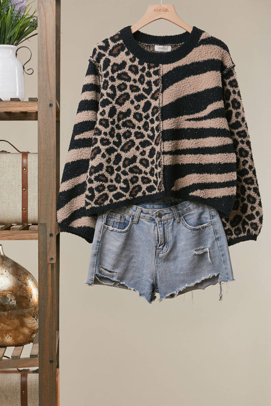Mixed Animal Print Knit Sweater: Black-Multi
