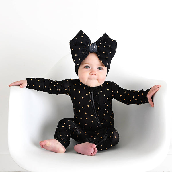Hope Gold Dot Ruffle Zip Bamboo Baby New Years Eve Outfit: 12-18m - Lulu Bella Boutique