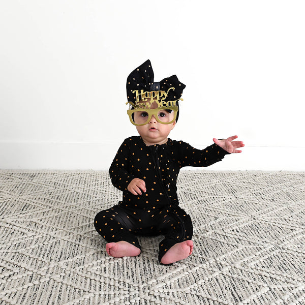 Hope Gold Dot Ruffle Zip Bamboo Baby New Years Eve Outfit: 12-18m - Lulu Bella Boutique