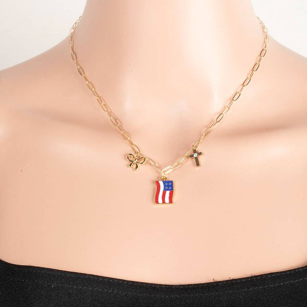 Cz Stud Bow Cross And Enamel Usa Flag Charms Chain Necklace: GDMLT - Lulu Bella Boutique